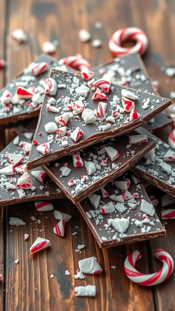 23+ Delightful Christmas Sweet Ideas You Must Try This Holiday Season 8 A stack of peppermint bark topped with crushed candy canes on a wooden surface.