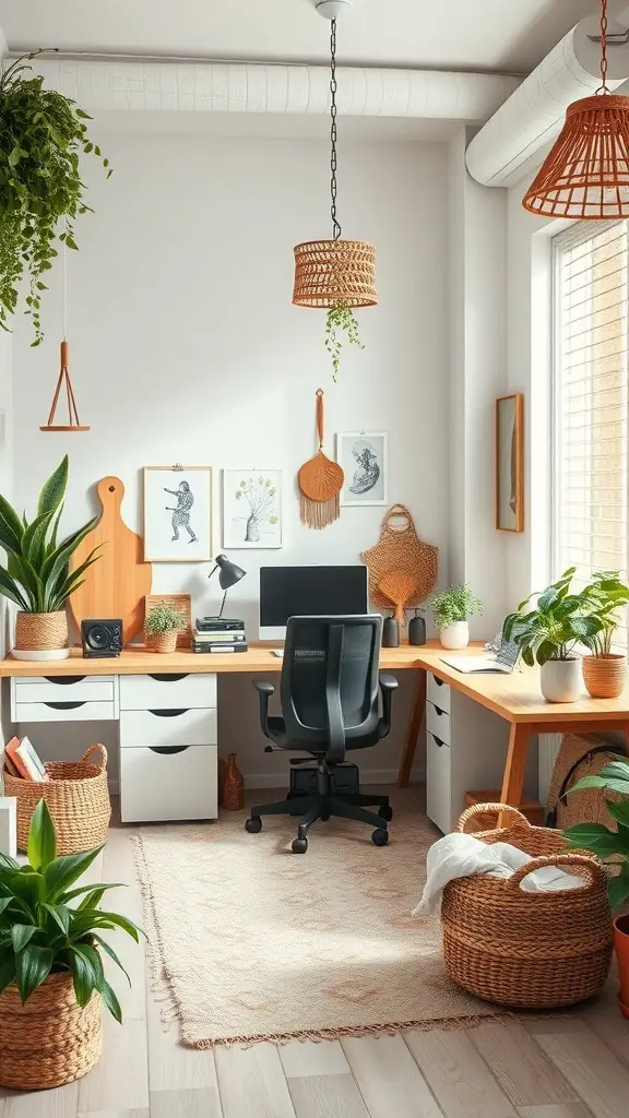 23+ Boho Office Decor Ideas for a Stylish Workspace 14 A bright boho office with plants, a wooden desk, and woven decor.