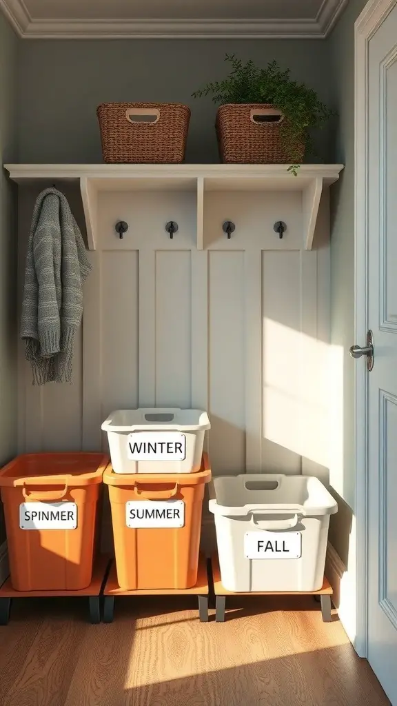 29+ Creative Mudroom Storage Ideas for a Clutter-Free Entrance 10 A mudroom with seasonal storage bins labeled Winter, Summer, and Fall, along with baskets and hooks for organization.