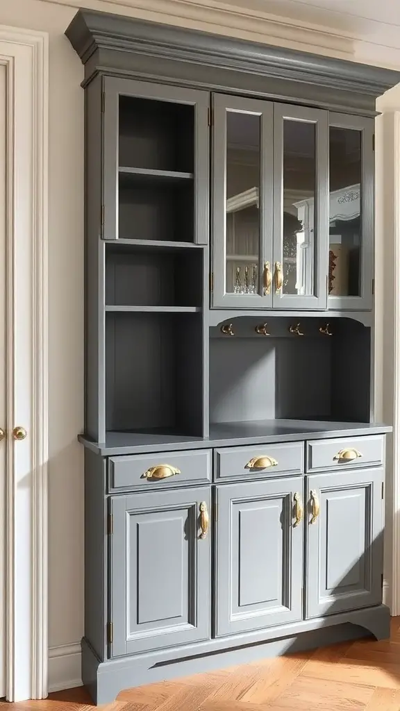 Elegant gray mudroom cabinet with glass doors and brass hardware