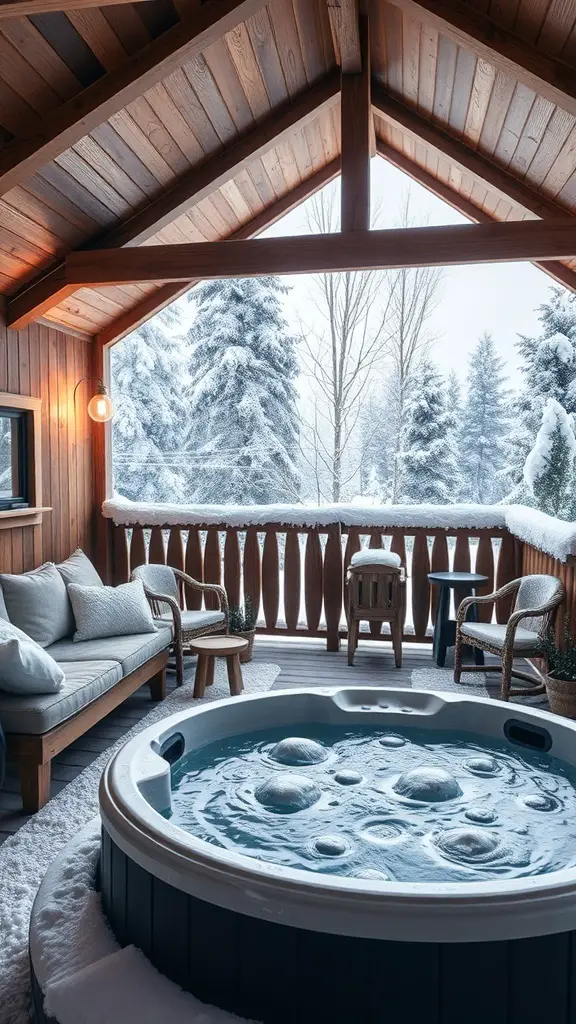 A cozy winter cabin interior featuring a hot tub, comfortable seating, and snowy views.