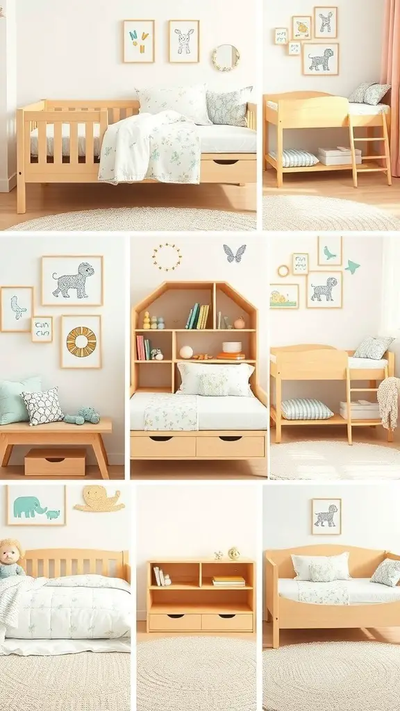 25+ Stylish Montessori Beds for a Dreamy Sleep Space 12 A collage of Montessori bed designs for different age groups, showcasing low beds, elevated beds with storage, and traditional bed frames.