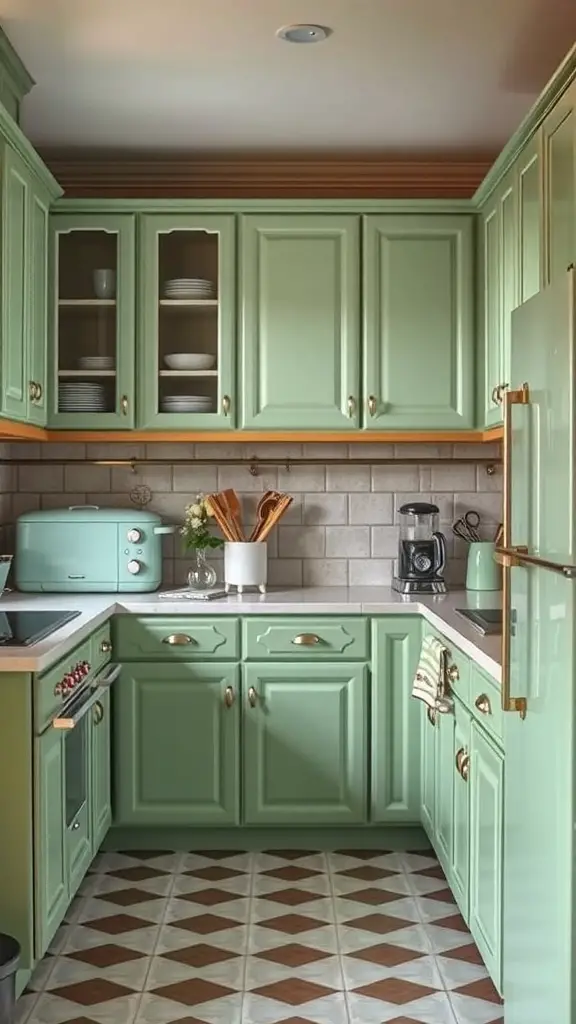 25+ Beautiful Sage Green Farmhouse Kitchen Cabinet Ideas 15 A kitchen with sage green cabinets, vintage appliances, and patterned floor tiles.
