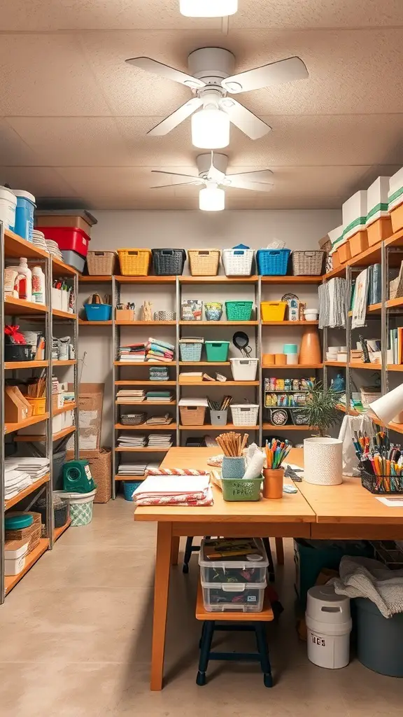 A well-organized craft room with shelves full of supplies and a spacious table for projects.
