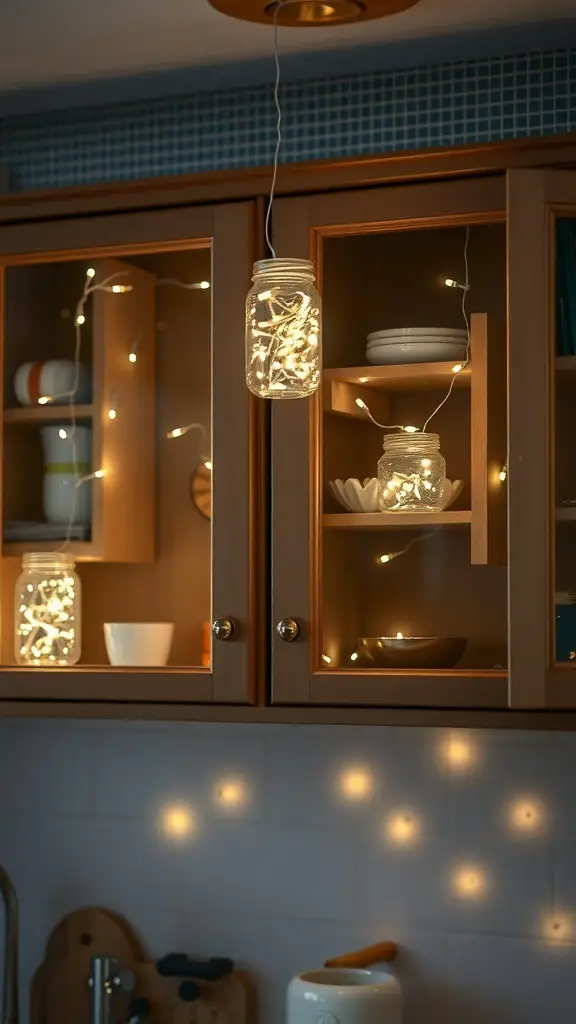 29+ Creative Christmas Decor Ideas for Above Kitchen Cabinets 10 Glass jars filled with twinkling fairy lights above kitchen cabinets