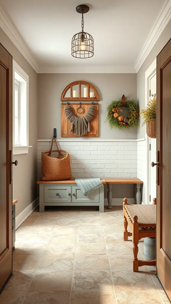 25+ Stylish Mudroom Tile Floor Ideas You’ll Love 5 A cozy mudroom featuring natural stone textured tile flooring, wooden furniture, and decorative elements.