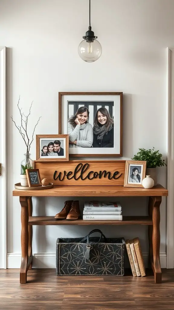 25+ Stunning Entryway Table Decor Ideas You’ll Love 7 A welcoming entryway table with photos, a sign, and decorative items.