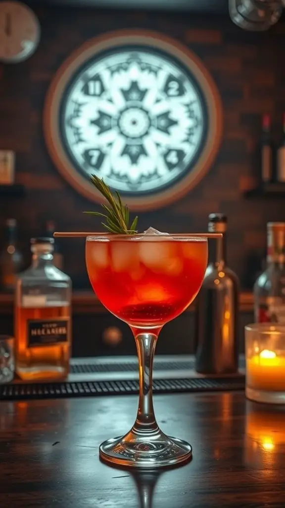 23+ Hidden Gem Speakeasies to Discover in the Basement 16 A vibrant cocktail in a speakeasy setting, garnished with rosemary, with bottles and a candle in the background.
