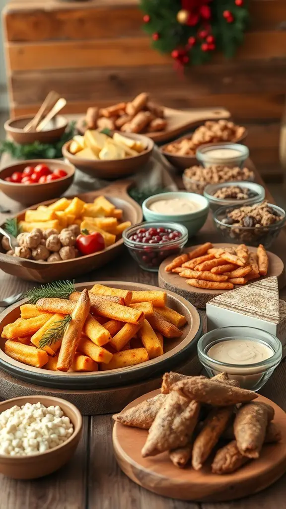27+ Stunning Christmas Buffet Table Decor Ideas 4 A rustic Christmas buffet table with wooden serving platters and bowls filled with various foods.