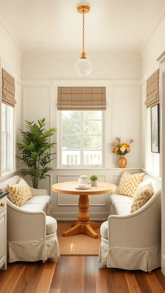 Cozy cream and gold breakfast nook with a round wooden table and comfortable seating.