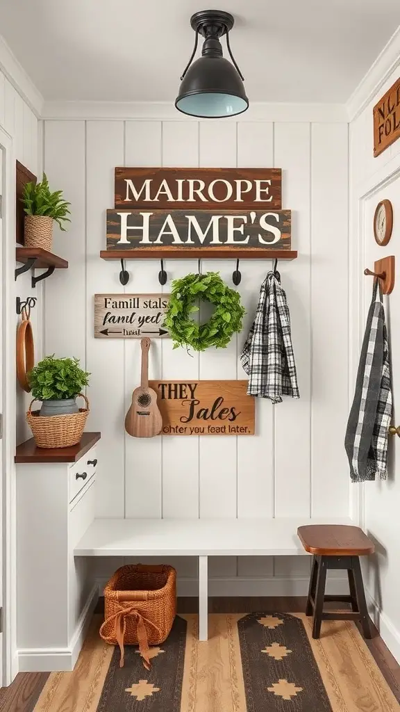 A cozy farmhouse mudroom with personalized decor, including wooden signs, greenery, and functional storage.