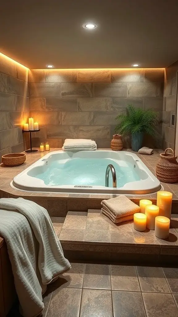 A relaxing spa retreat in a basement featuring a hot tub, candles, and towels.