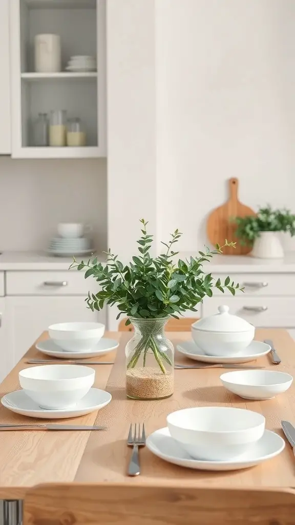 25+ Stunning Kitchen Table Decor Ideas to Elevate Your Space 7 Minimalist kitchen table decor with white dishware and a small vase of greenery