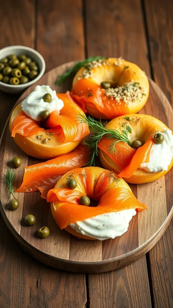 29+ Festive Christmas Brunch Buffet Ideas 4 A wooden platter with smoked salmon bagels topped with cream cheese and garnished with dill and olives.