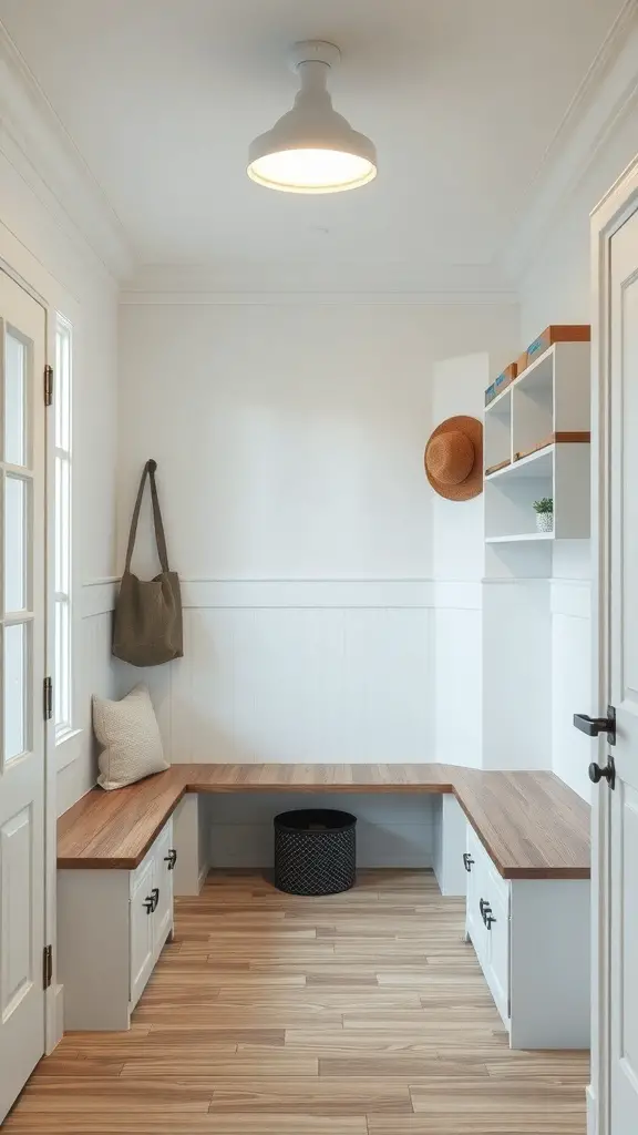 25+ Stylish Mudroom Lighting Ideas to Illuminate Your Space 8 A bright and modern mudroom with a ceiling light, bench seating, and storage.