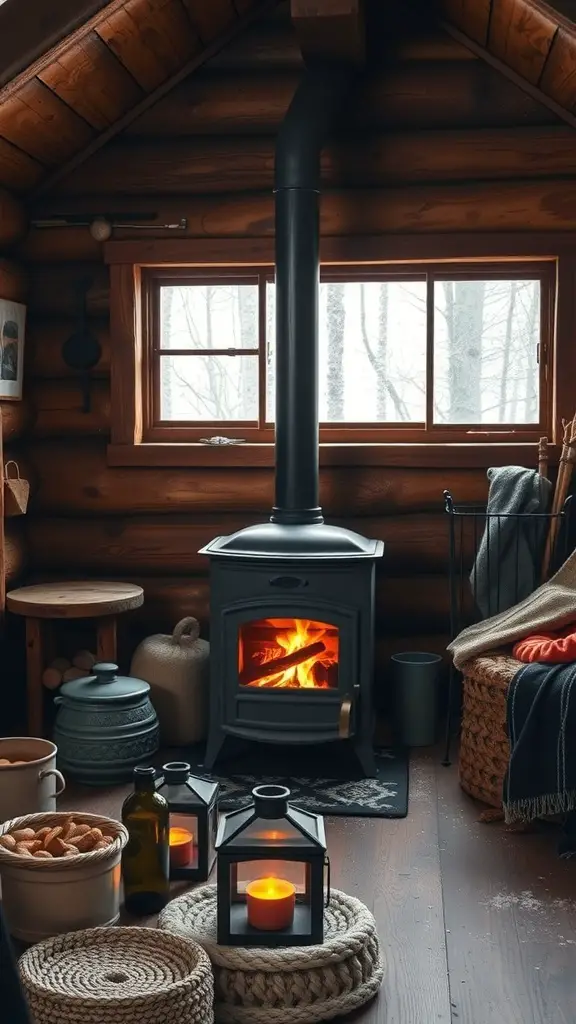 27+ Stunning Off-Grid Cabin Ideas for Your Dream Retreat 9 Cozy off-grid cabin interior with a wood stove and warm lighting