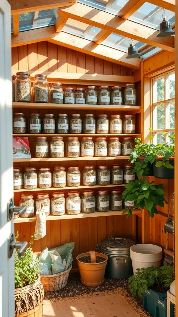 27+ Creative Mason Jar Storage Ideas for a Clutter-Free Home 16 A cozy garden shed with mason jars filled with seeds, neatly labeled and organized on wooden shelves.
