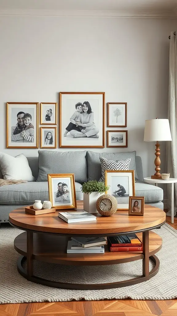 A cozy living room with a coffee table decorated with family photos and a plant.