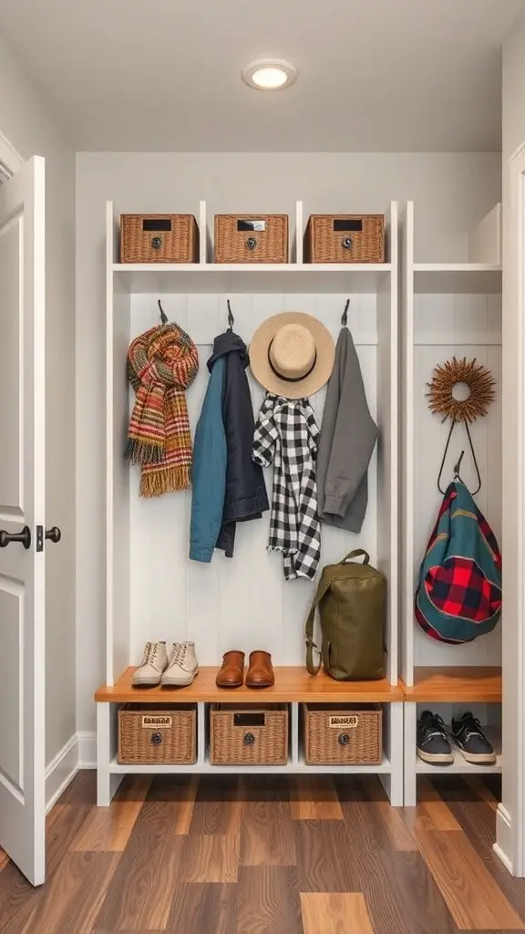 A stylish mudroom locker with hooks for jackets, baskets for storage, and a wooden bench.