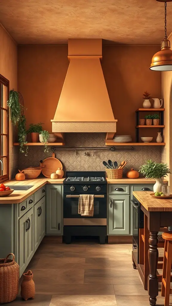 27+ Stunning Kitchen Color Palette Ideas for Your Home Makeover 7 A cozy kitchen featuring warm earth tones with green cabinetry and terracotta accents.