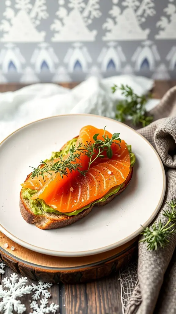A plate of smoked salmon and avocado toast garnished with herbs, set against a winter-themed background.
