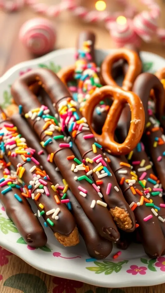 A plate of chocolate-dipped pretzels covered in colorful sprinkles