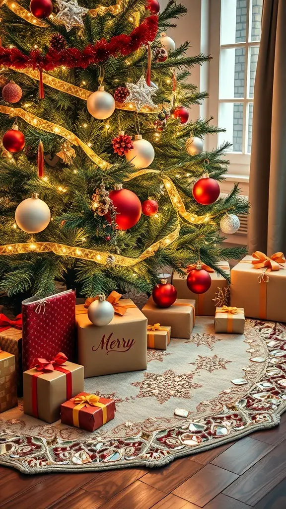 A decorated Christmas tree with a crystal tree skirt, surrounded by colorful gifts.