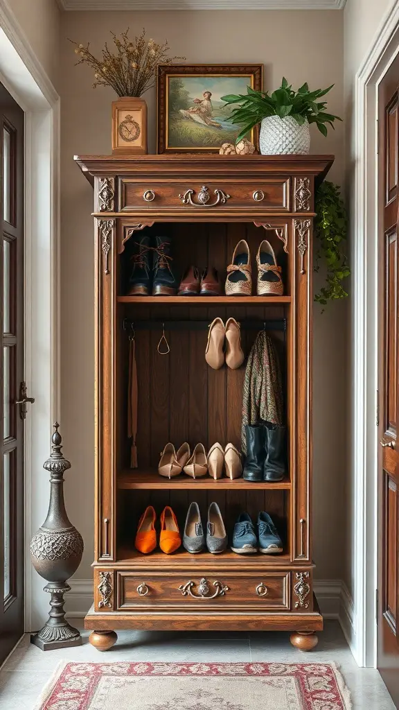 A decorative shoe cabinet in an entryway with various shoes displayed and decorative items on top.