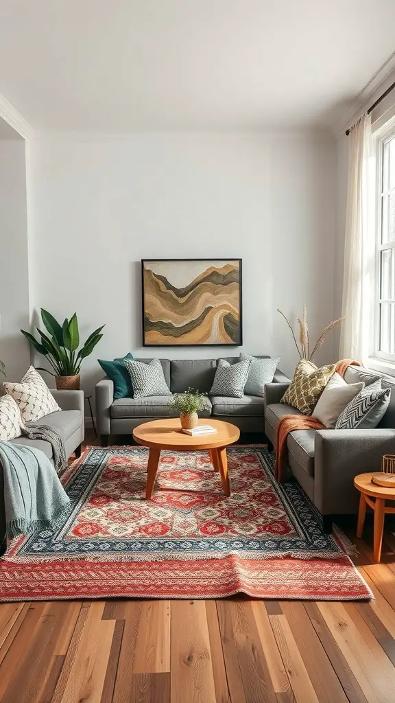 27+ Earthy Living Room Ideas with 15 Must-Have Items 9 A cozy earthy living room with layered textiles, including throw blankets, patterned rug, and decorative pillows.