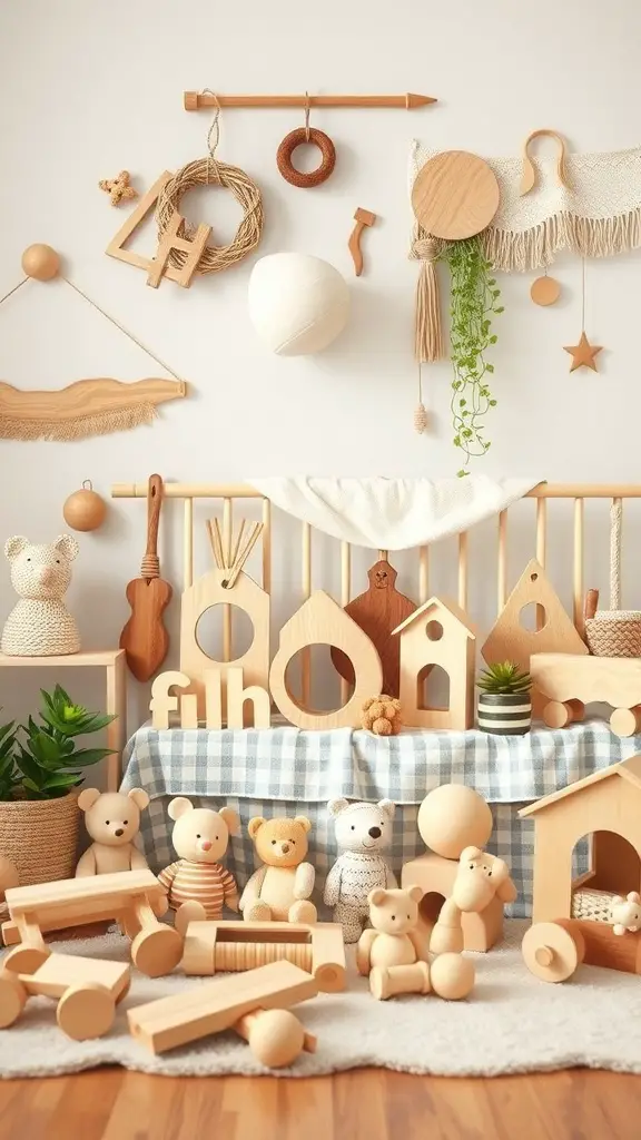 29+ Boho Nursery Decor Ideas for a Cozy and Stylish Space 4 A collection of handcrafted wooden toys in a boho nursery setting, featuring teddy bears, building blocks, and decorative elements.