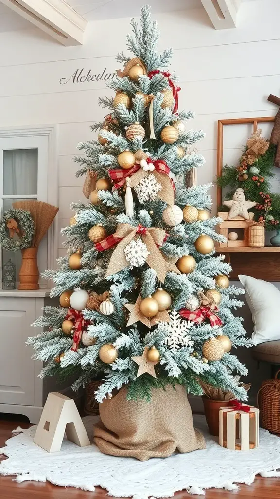 A frosted Christmas tree decorated with golden ornaments, red ribbons, and snowflakes, set in a cozy farmhouse-style room.