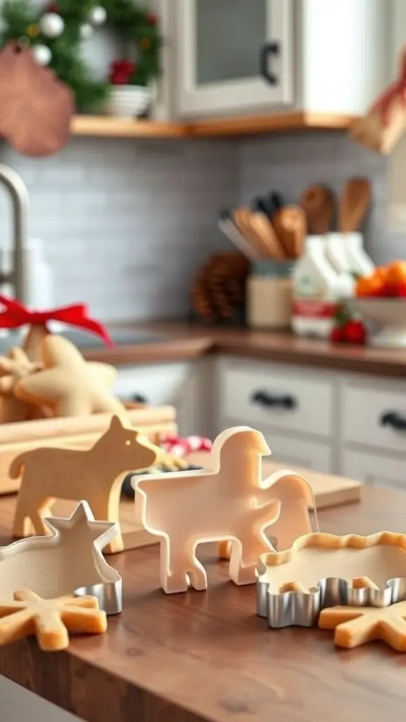 A variety of animal print cookie cutters on a wooden countertop in a cozy kitchen setting.