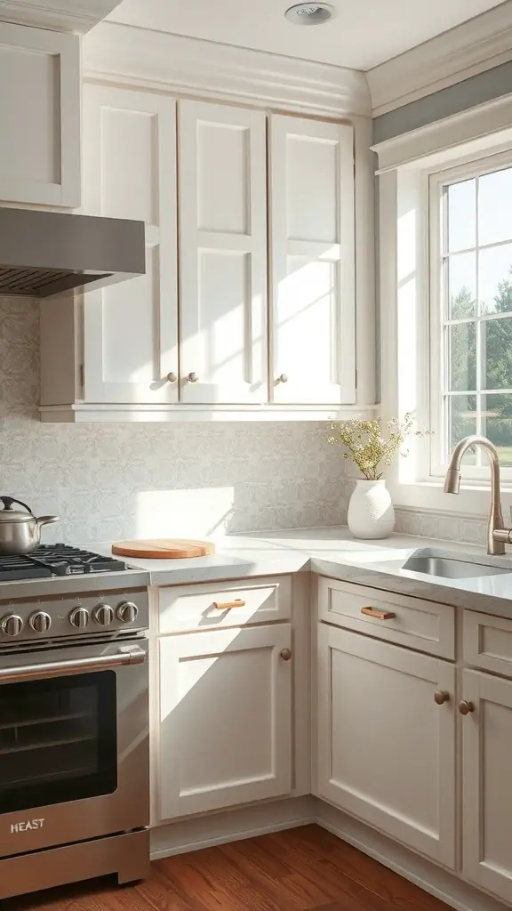 A bright kitchen featuring off white cabinets, a stainless steel stove, and a window with natural light.