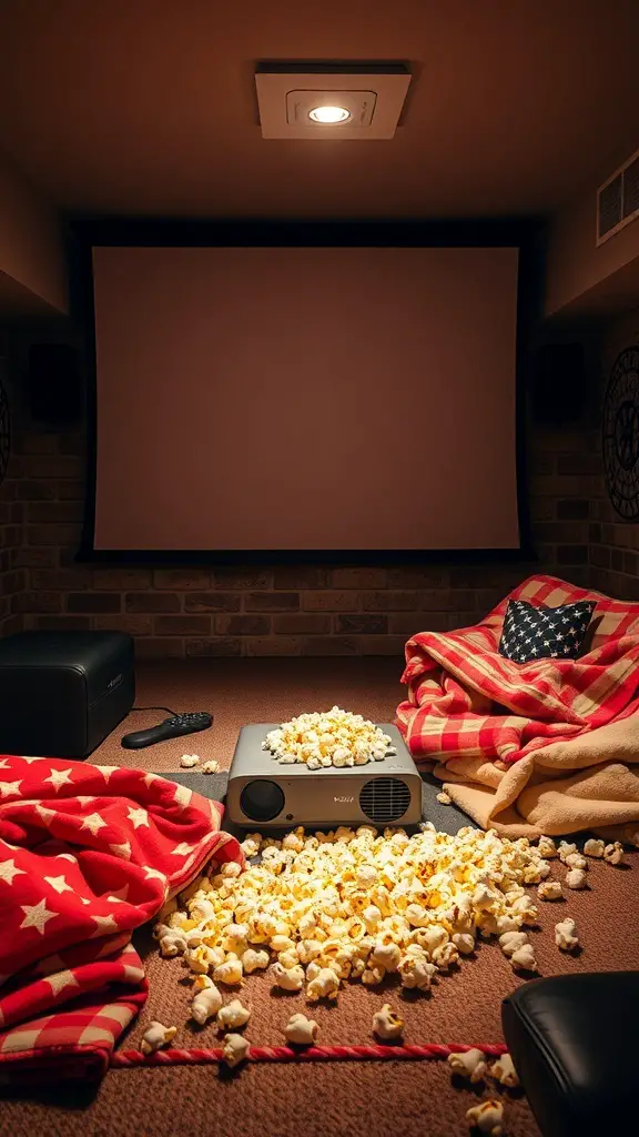 Cozy basement movie setup with a projector, scattered popcorn, and blankets.