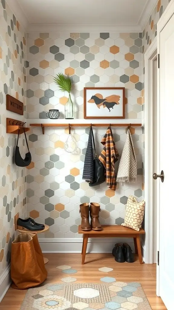 25+ Stylish Mudroom Tile Floor Ideas You’ll Love 8 A cozy mudroom featuring hexagon tile arrangements in various colors, with a wooden bench and hooks for hanging coats.