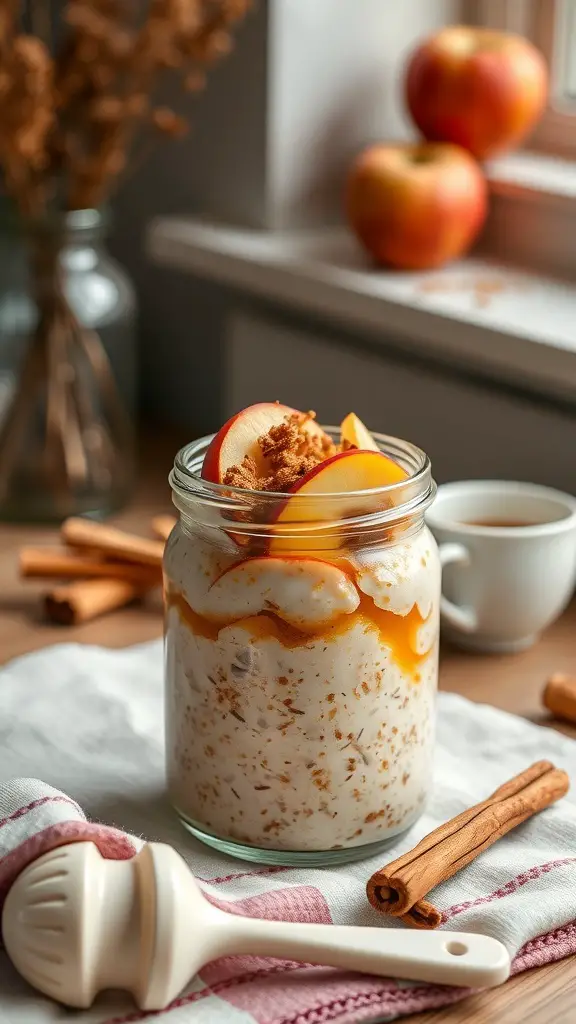 A jar of apple cinnamon overnight oats topped with apple slices and caramel, surrounded by cinnamon sticks and apples.