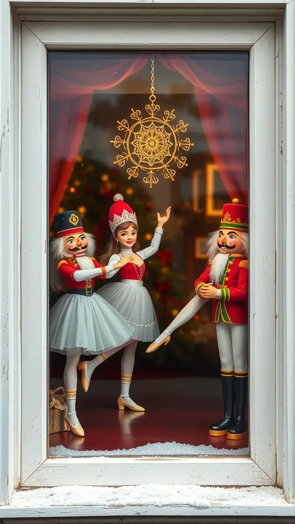 A festive window display featuring Nutcracker ballet characters, including a Nutcracker Prince and Clara, with a snowflake decoration.