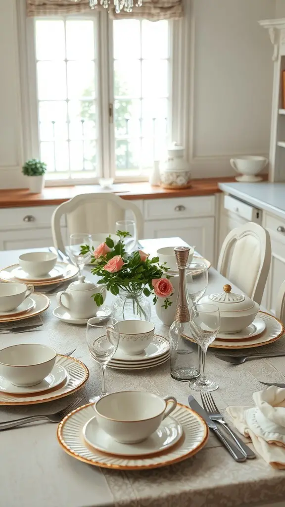 25+ Stunning Kitchen Table Decor Ideas to Elevate Your Space 3 A vintage table setting with elegant tableware, including plates, cups, and a floral centerpiece.