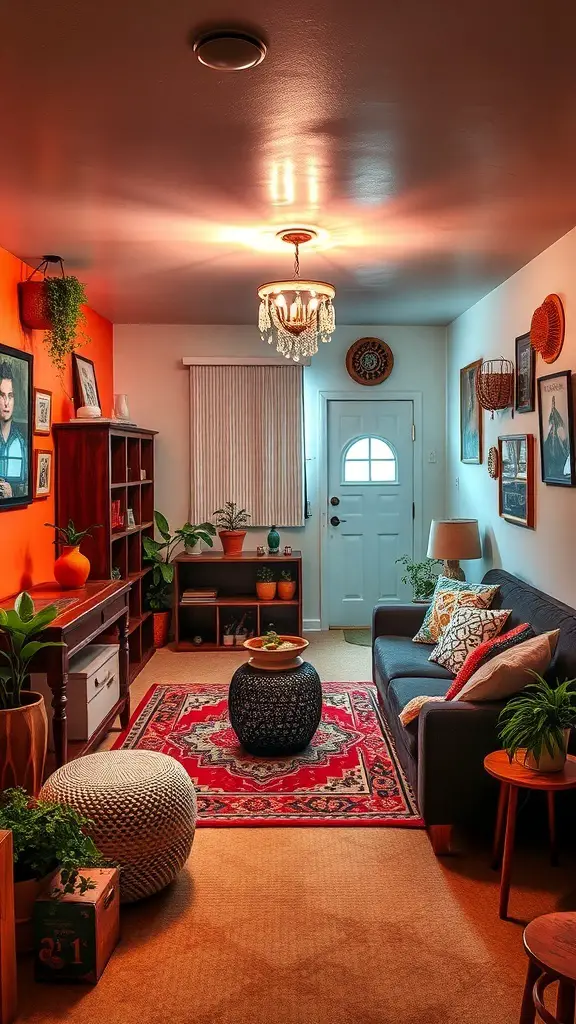 25+ Stunning Boho Basement Ideas to Transform Your Space 13 A cozy boho basement with playful color palettes featuring an orange wall, colorful decor, and plants.