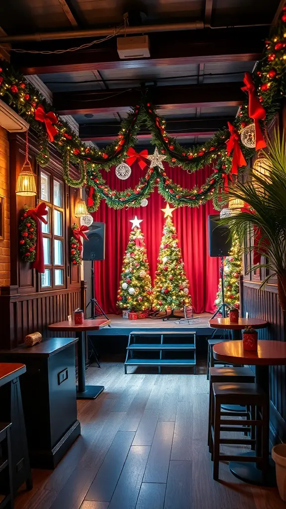 25+ Festive Cafe Christmas Decoration Ideas 15 A cozy cafe corner decorated for Christmas with two trees, garlands, and festive lighting.