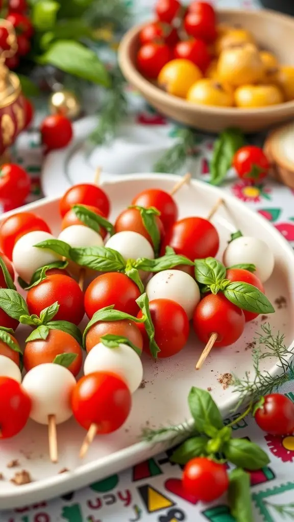 A plate of mini Caprese skewers with cherry tomatoes, mozzarella balls, and basil leaves.