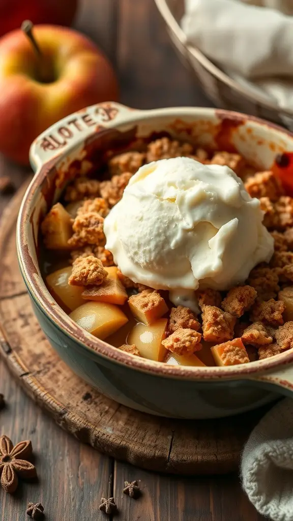 A warm spiced apple crumble topped with ice cream, surrounded by fresh apples and spices.