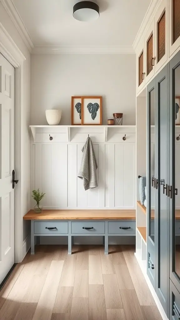 Stylish mudroom lockers with a gray bench, white walls, and decorative elements.