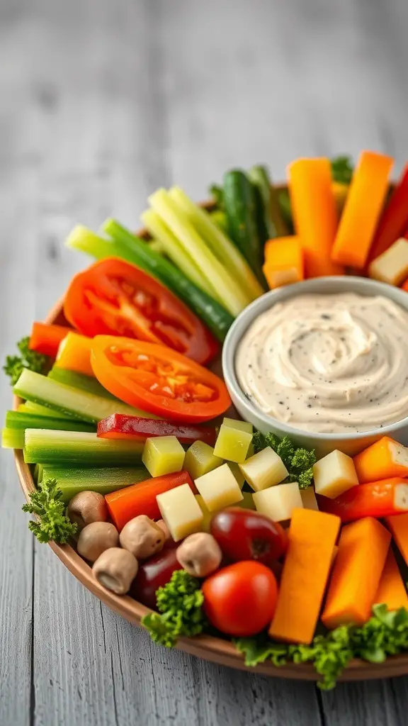 A colorful holiday veggie platter with a variety of fresh vegetables and a dip in the center.