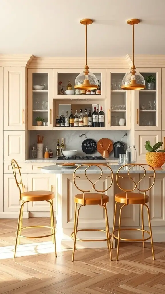 Stylish cream and gold kitchen bar area with elegant stools and decorative items.