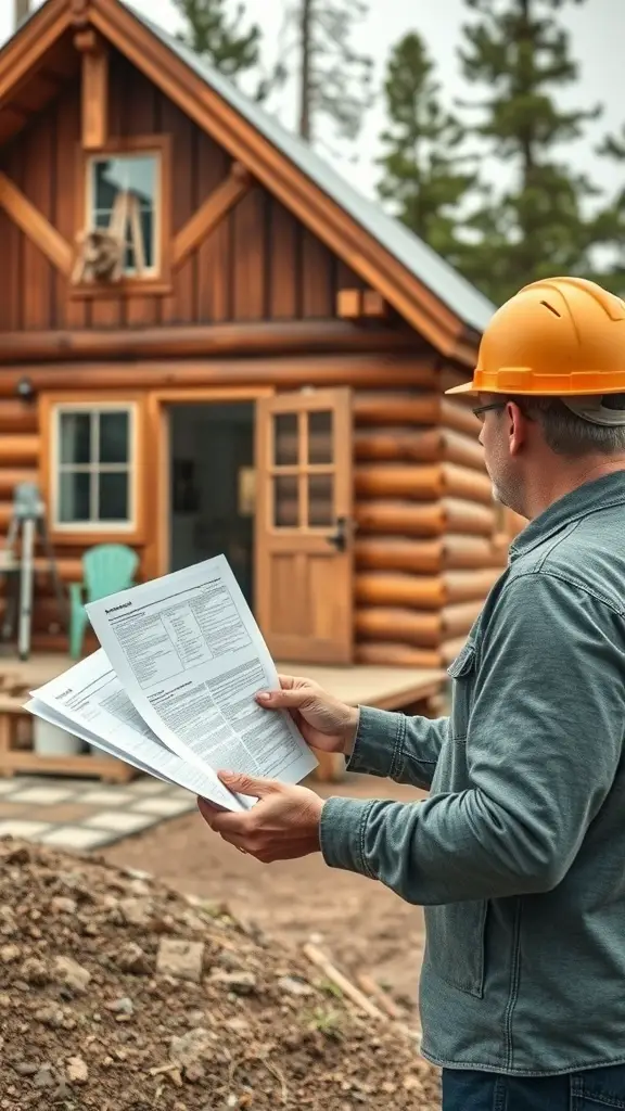 27+ Stunning Off-Grid Cabin Ideas for Your Dream Retreat 6 A person in a hard hat reviewing building permits in front of a log cabin under construction.