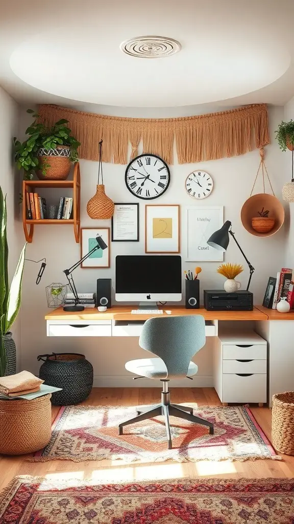 23+ Boho Office Decor Ideas for a Stylish Workspace 11 A stylish boho office with a wooden desk, ergonomic chair, plants, and decorative wall art.