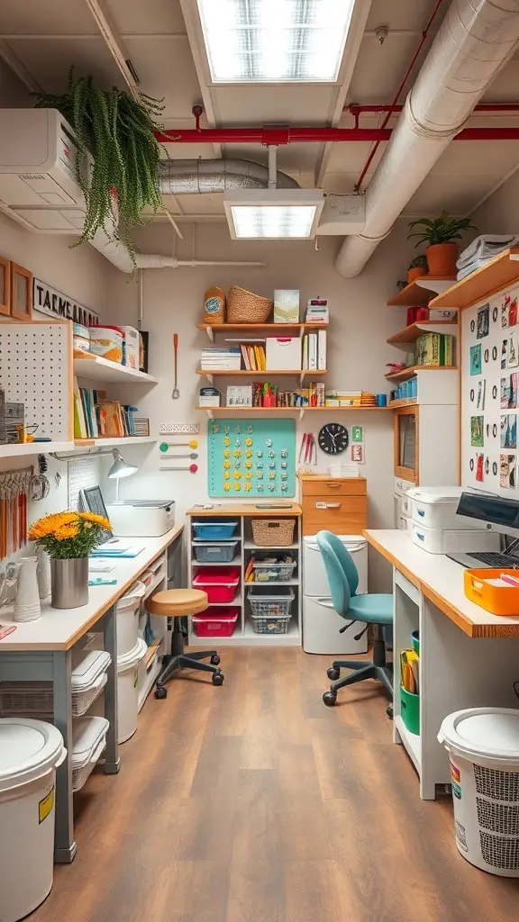 29+ Creative Basement Remodeling Ideas to Transform Your Space 15 A bright and organized craft or hobby room with shelves, storage bins, and a comfortable chair.
