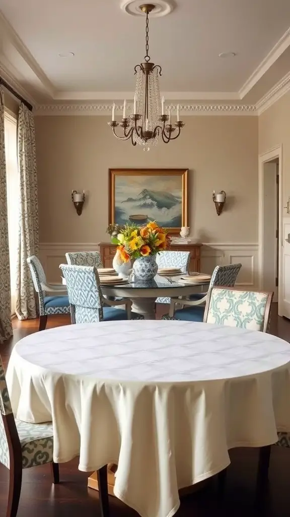 Elegant dining room featuring Ralph Lauren fabrics on chairs and a round table with a soft tablecloth.