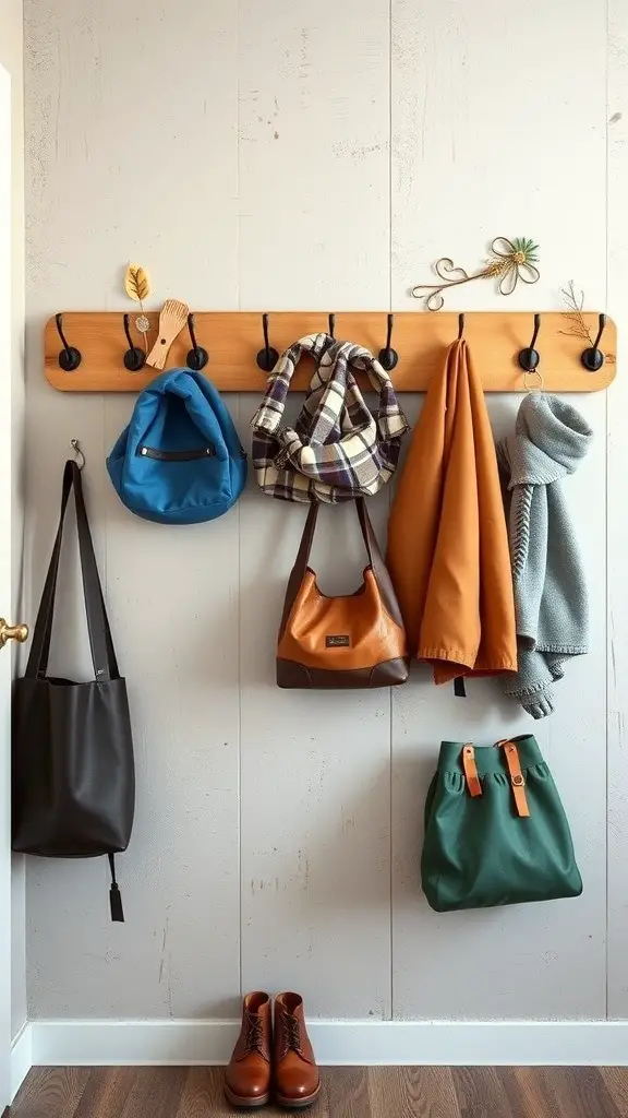 29+ Creative Mudroom Storage Ideas for a Clutter-Free Entrance 4 Wooden wall-mounted rack with hooks displaying bags and coats in a mudroom